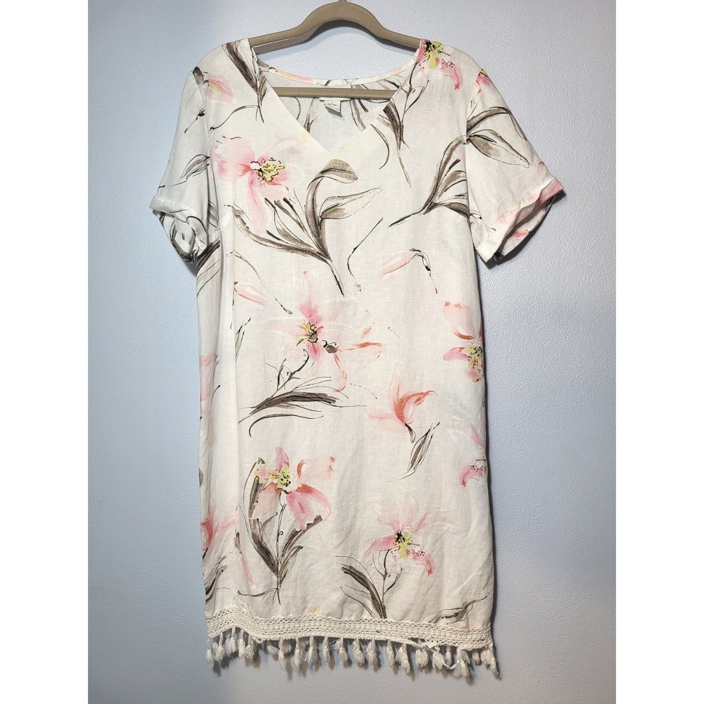 Peck & Peck White Pink Floral Linen Shift Dress Short Sleeve Tassel Trim Large